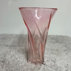 VTG FTD Pink Glass Twisted Swirl Vase Flared Trumpet 9" Heavy Base Decorative